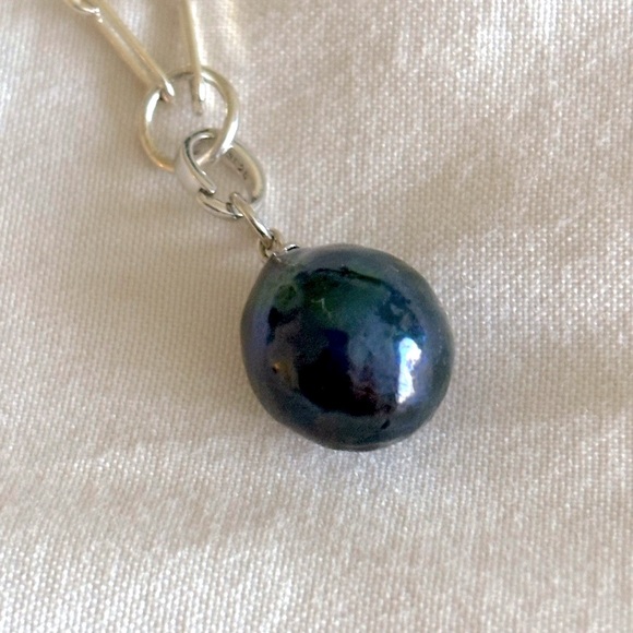 Sterling Silver Black Pearl Paperclip Chain Necklace - Picture 1 of 4